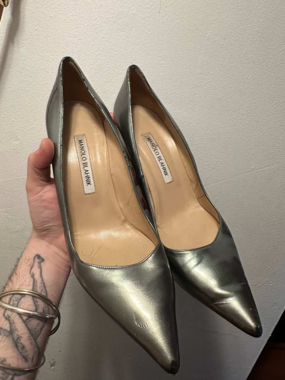 Manolo Blahnik Metallic Silver Pointed-Toe Pumps